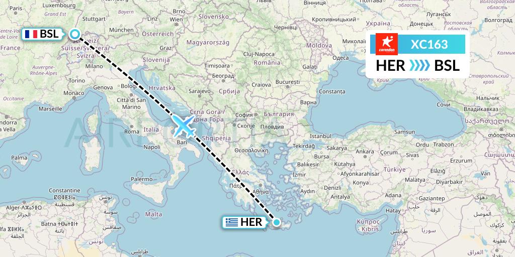 XC163 Corendon Airlines Flight Map: Heraklion to Basel