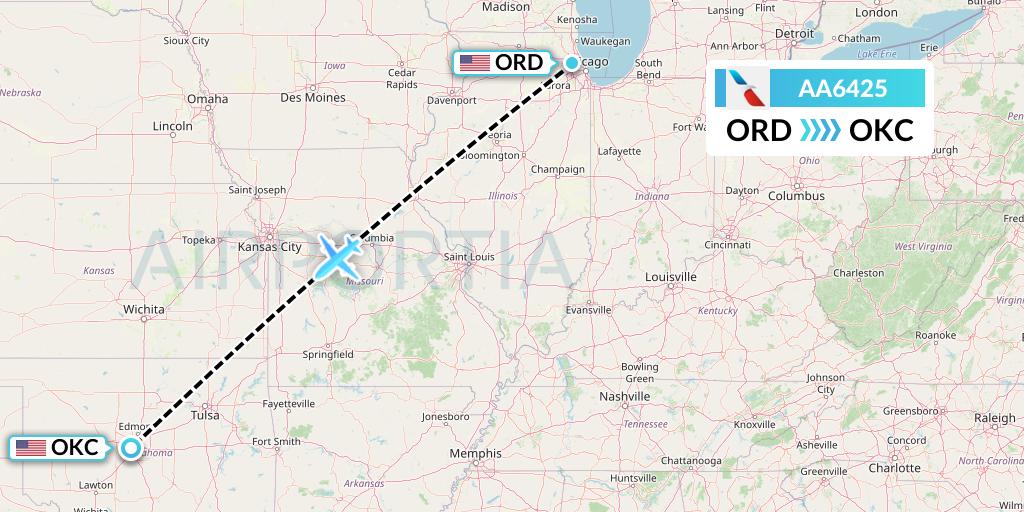 AA6425 American Airlines Flight Map: Chicago to Oklahoma City