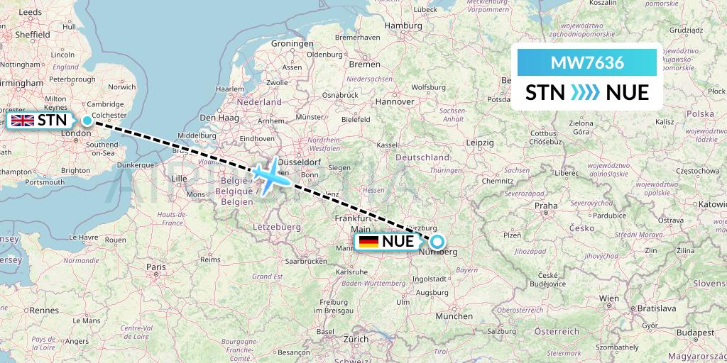 MW7636 Mokulele Flight Service Flight Map: London to Nurnberg