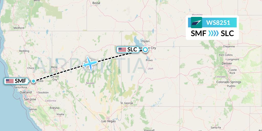 WS8251 WestJet Flight Map: Sacramento to Salt Lake City