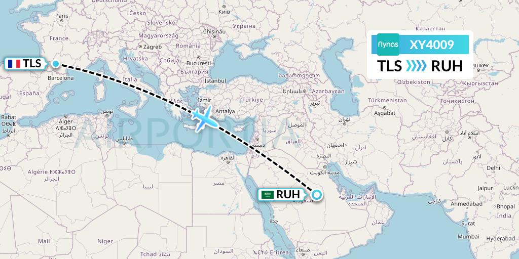 XY4009 Flynas Flight Map: Toulouse to Riyadh