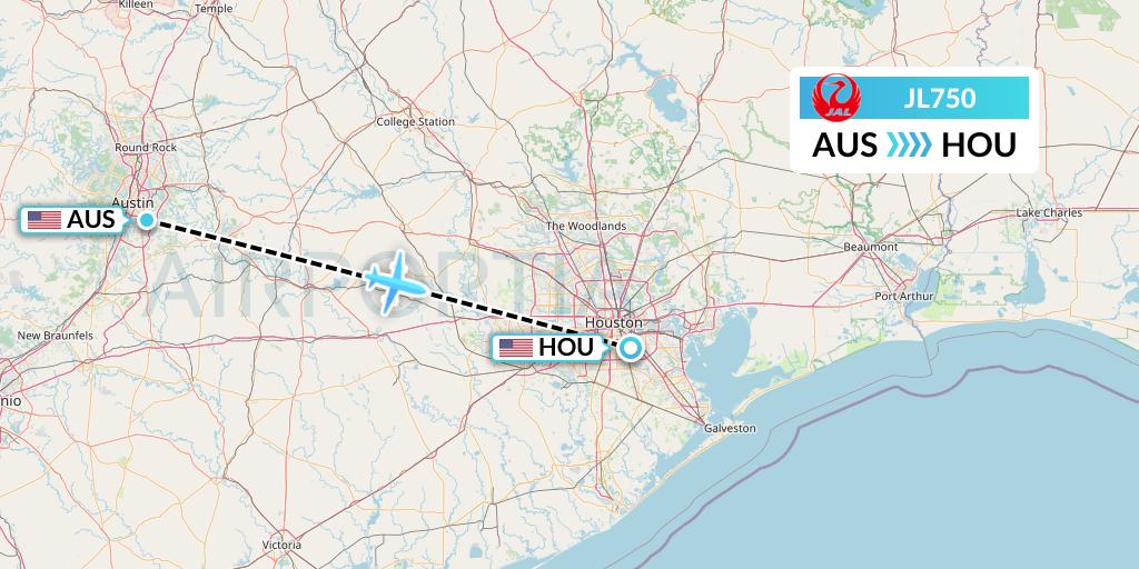 JL750 Japan Airlines Flight Map: Austin to Houston