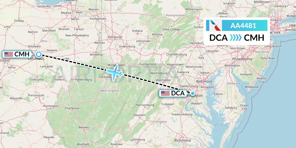 AA4481 American Airlines Flight Map: Washington to Columbus