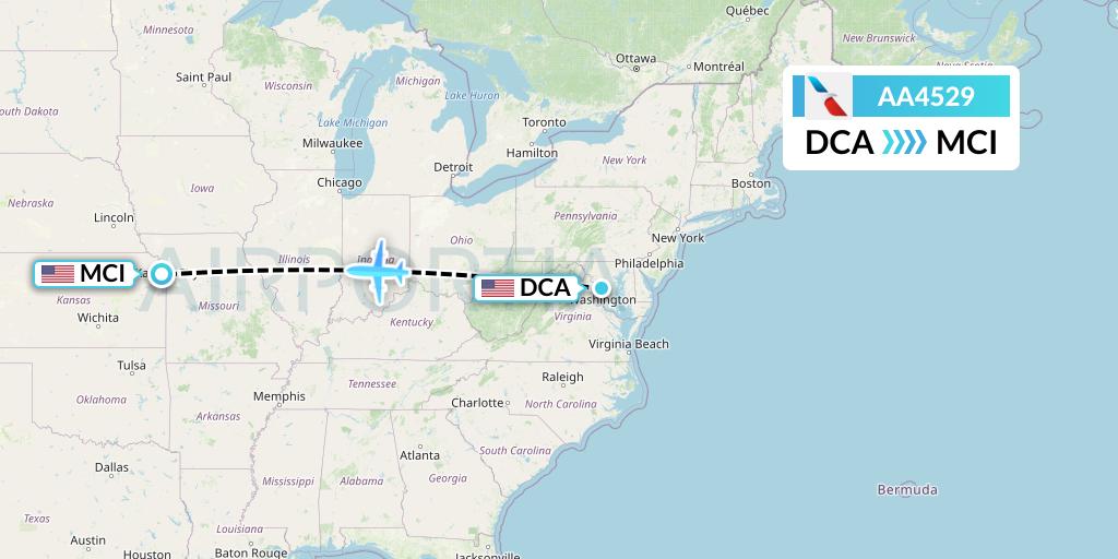 AA4529 American Airlines Flight Map: Washington to Kansas City