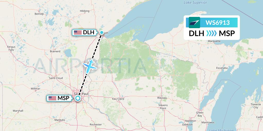 WS6913 WestJet Flight Map: Duluth to Minneapolis