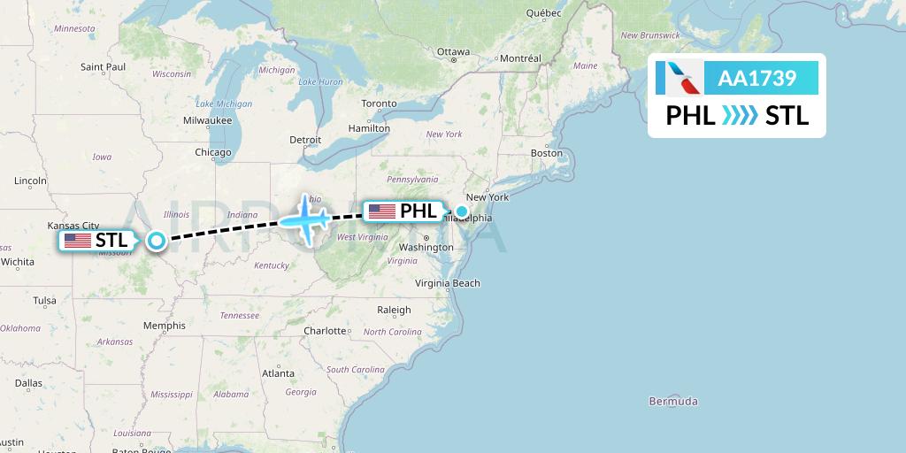 AA1739 American Airlines Flight Map: Philadelphia to St. Louis
