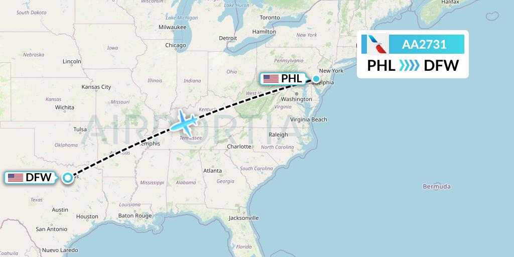 AA2731 American Airlines Flight Map: Philadelphia to Dallas