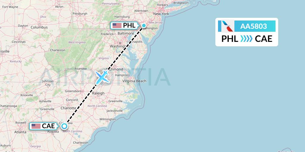 AA5803 American Airlines Flight Map: Philadelphia to Columbia