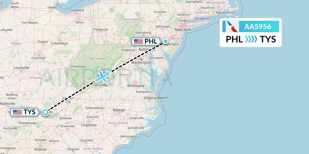 AA5956 American Airlines Flight Map: Philadelphia to Knoxville