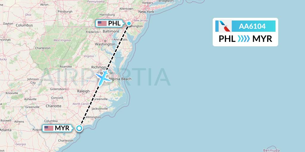AA6104 American Airlines Flight Map: Philadelphia to Myrtle Beach