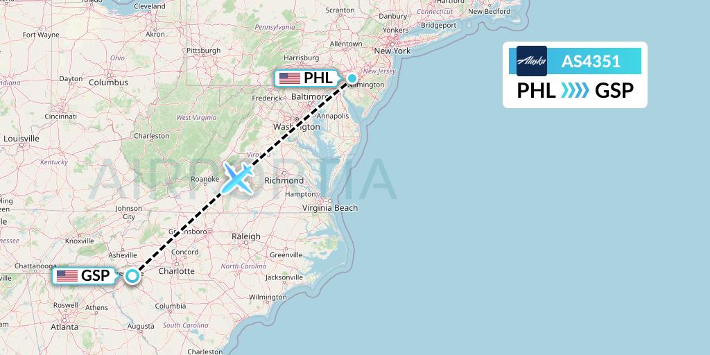 AS4351 Alaska Airlines Flight Map: Philadelphia to Greenville-Spartanburg