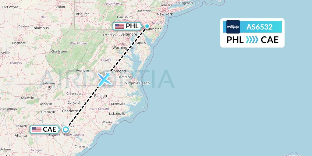 AS6532 Alaska Airlines Flight Map: Philadelphia to Columbia
