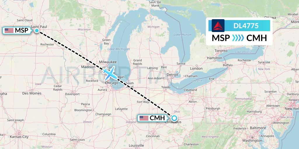 DL4775 Delta Air Lines Flight Map: Minneapolis to Columbus
