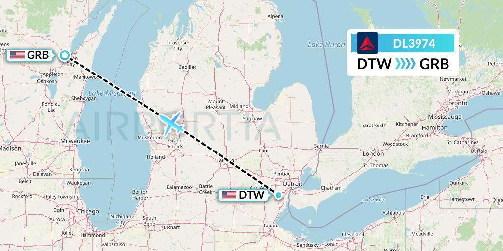 DL3974 Delta Air Lines Flight Map: Detroit to Green Bay