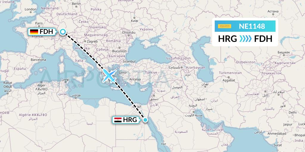 NE1148 Nesma Airlines Flight Map: Hurghada to Friedrichshafen