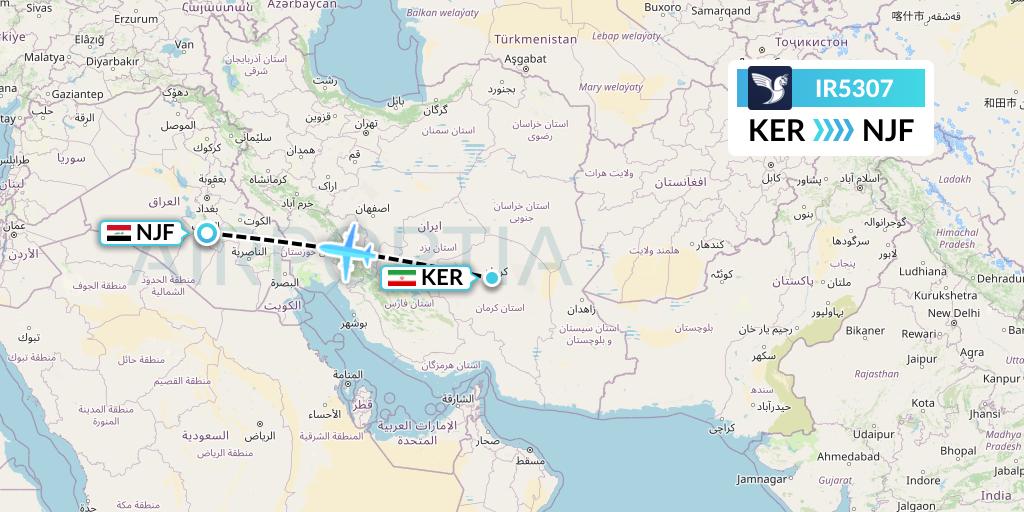 IR5307 Iran Air Flight Map: Kerman to Najaf
