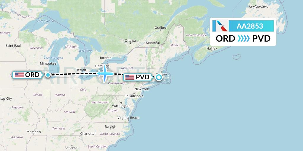 AA2853 American Airlines Flight Map: Chicago to Providence