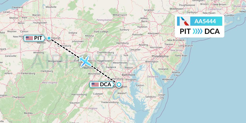 AA5444 American Airlines Flight Map: Pittsburgh to Washington