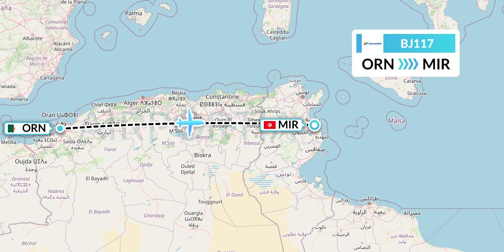 BJ117 Nouvelair Tunisie Flight Map: Oran to Monastir