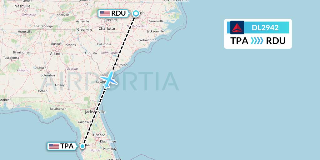DL2942 Delta Air Lines Flight Map: Tampa to Raleigh-Durham