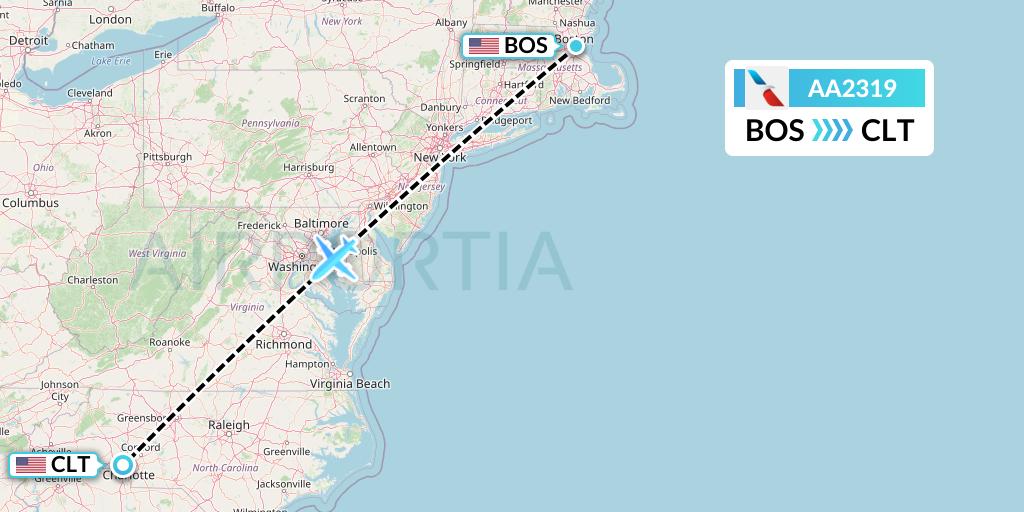 AA2319 American Airlines Flight Map: Boston to Charlotte