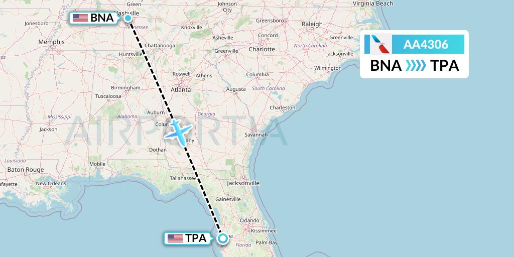 AA4306 American Airlines Flight Map: Nashville to Tampa