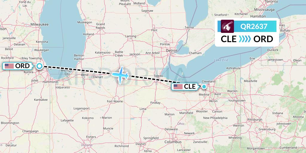 QR2637 Qatar Airways Flight Map: Cleveland to Chicago