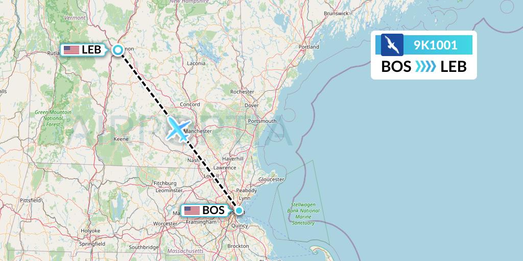 9K1001 Cape Air Flight Map: Boston to Lebanon