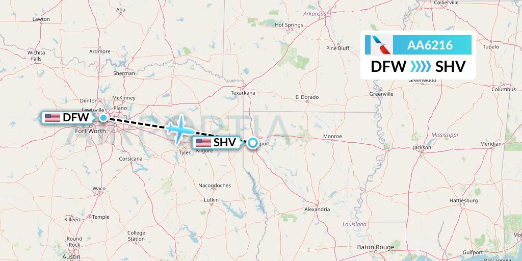 AA6216 American Airlines Flight Map: Dallas to Shreveport
