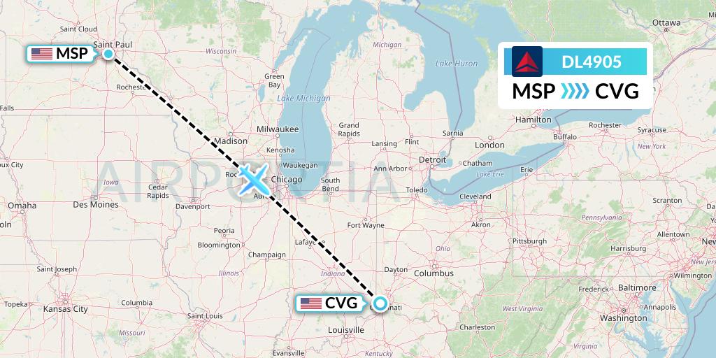 DL4905 Delta Air Lines Flight Map: Minneapolis to Cincinnati