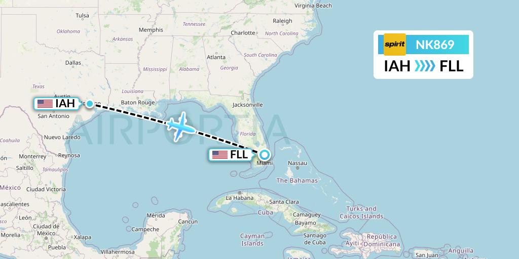 NK869 Spirit Airlines Flight Map: Houston to Fort Lauderdale