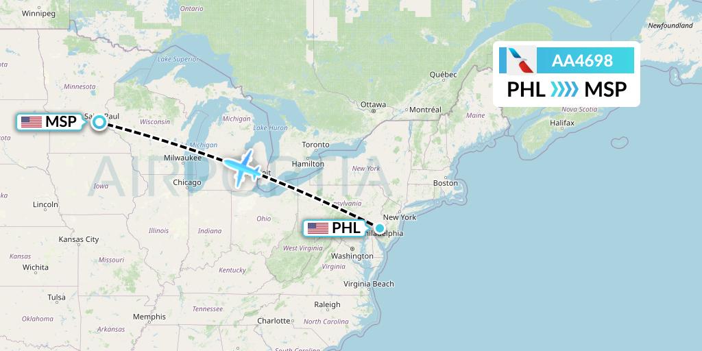 AA4698 American Airlines Flight Map: Philadelphia to Minneapolis
