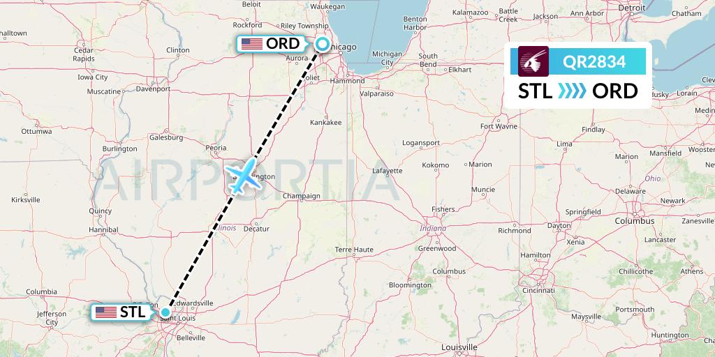 QR2834 Qatar Airways Flight Map: St. Louis to Chicago