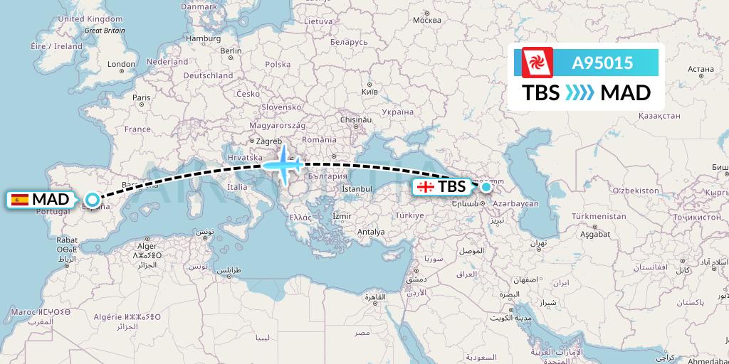 A95015 Georgian Airways Flight Map: Tbilisi to Madrid