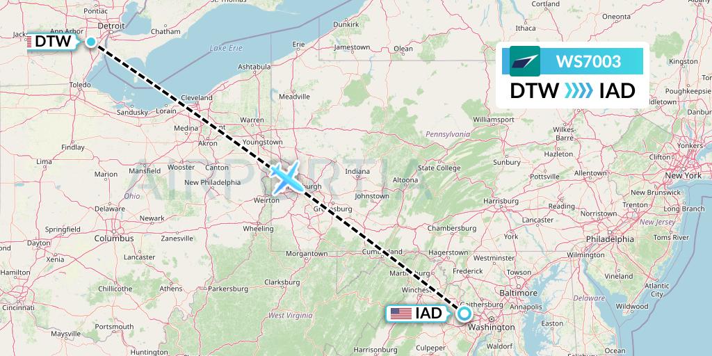 WS7003 WestJet Flight Map: Detroit to Washington