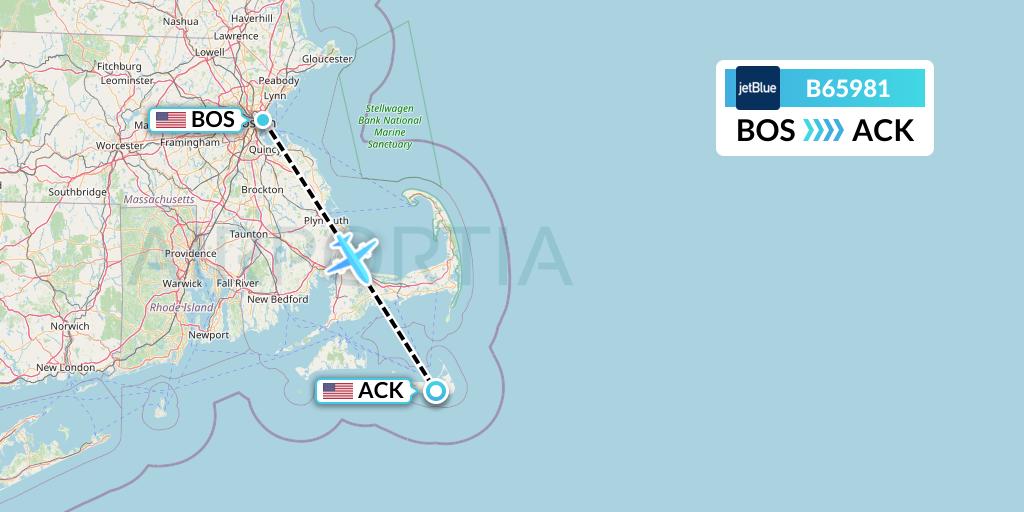 B65981 JetBlue Airways Flight Map: Boston to Nantucket