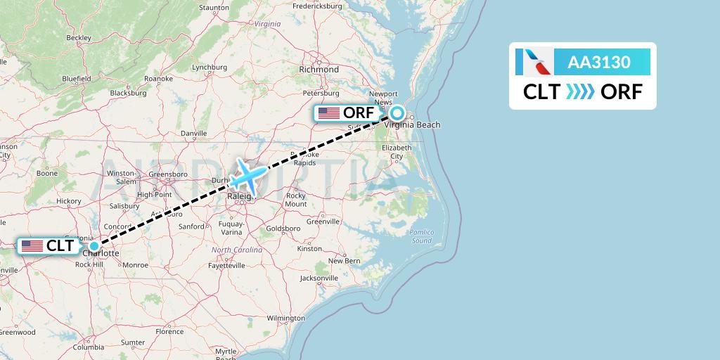 AA3130 American Airlines Flight Map: Charlotte to Norfolk