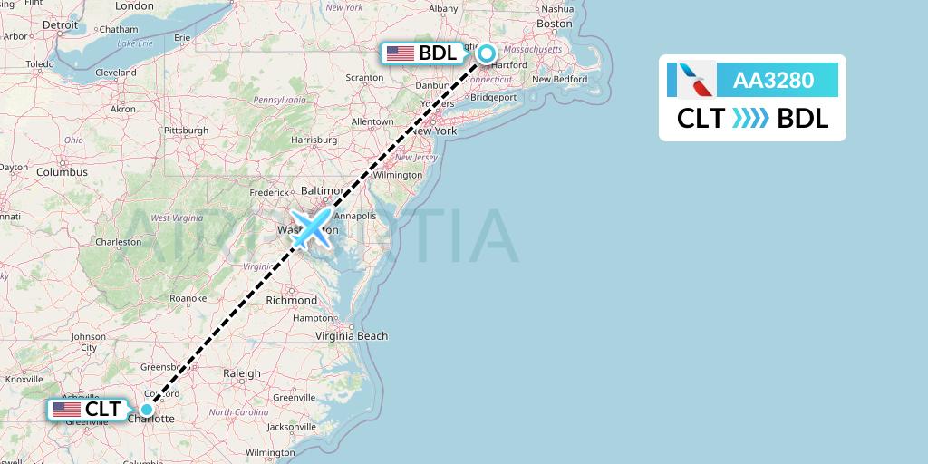 AA3280 American Airlines Flight Map: Charlotte to Windsor Locks