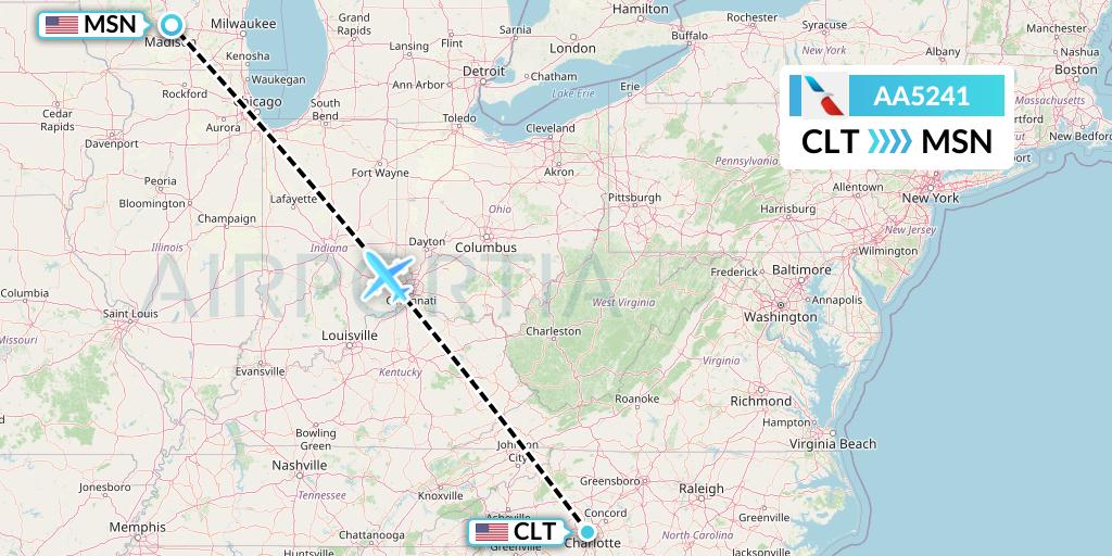 AA5241 American Airlines Flight Map: Charlotte to Madison