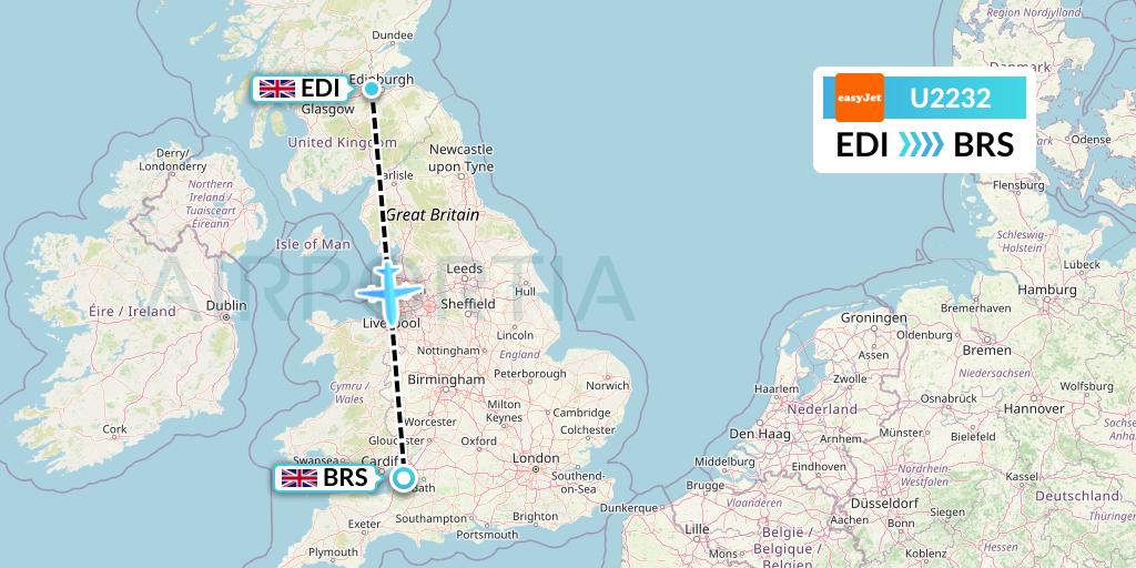 U2232 EasyJet Flight Map: Edinburgh to Bristol