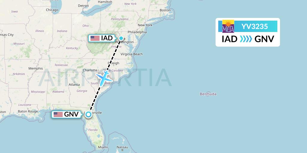 YV3235 Mesa Airlines Flight Map: Washington to Gainesville
