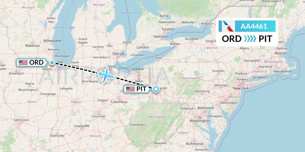 AA4461 American Airlines Flight Map: Chicago to Pittsburgh