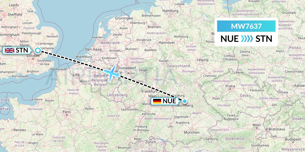 MW7637 Mokulele Flight Service Flight Map: Nurnberg to London