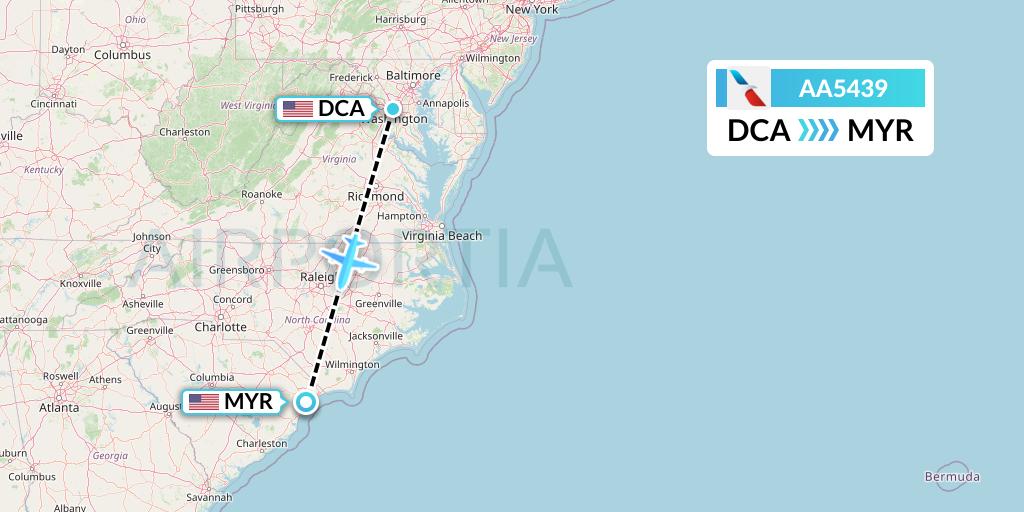 AA5439 American Airlines Flight Map: Washington to Myrtle Beach