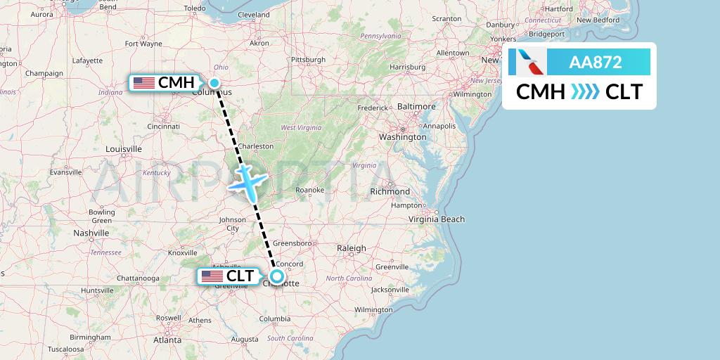 AA872 American Airlines Flight Map: Columbus to Charlotte