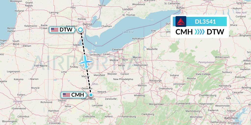 DL3541 Delta Air Lines Flight Map: Columbus to Detroit