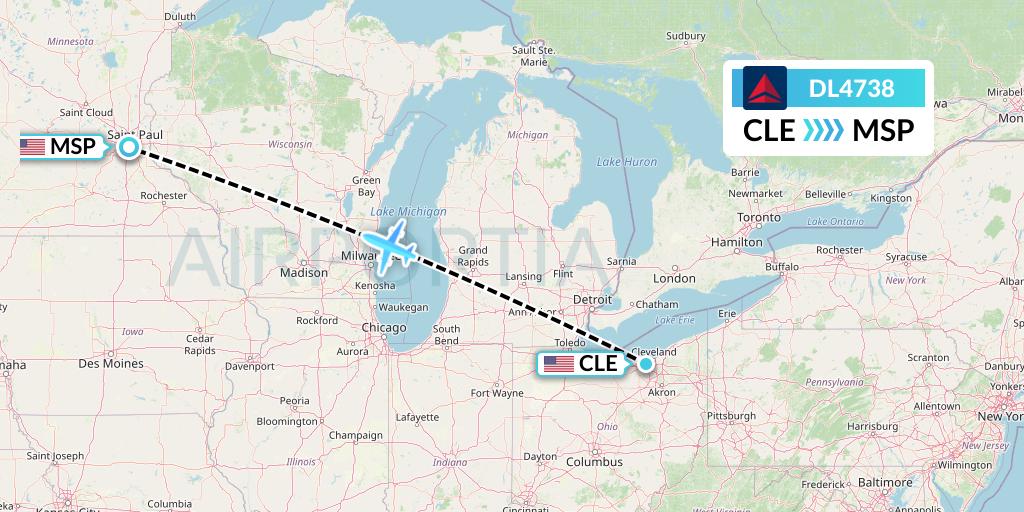 DL4738 Delta Air Lines Flight Map: Cleveland to Minneapolis