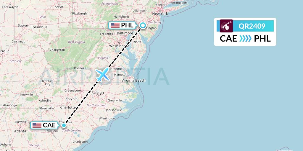 QR2409 Qatar Airways Flight Map: Columbia to Philadelphia