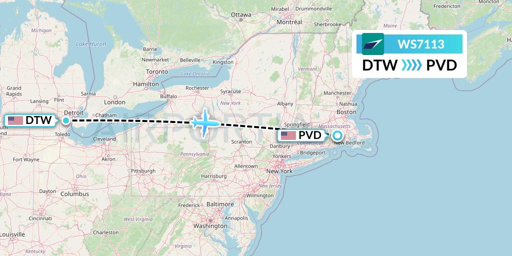 WS7113 WestJet Flight Map: Detroit to Providence