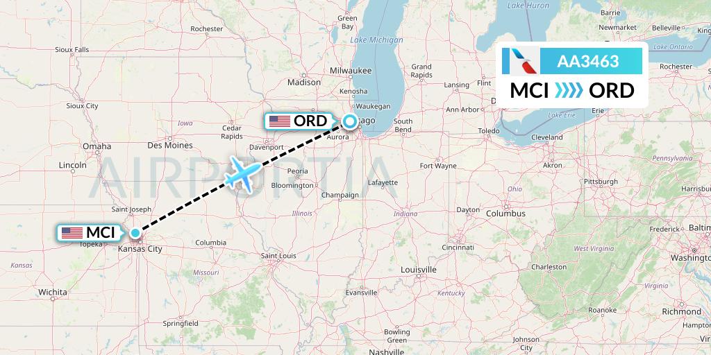 AA3463 American Airlines Flight Map: Kansas City to Chicago